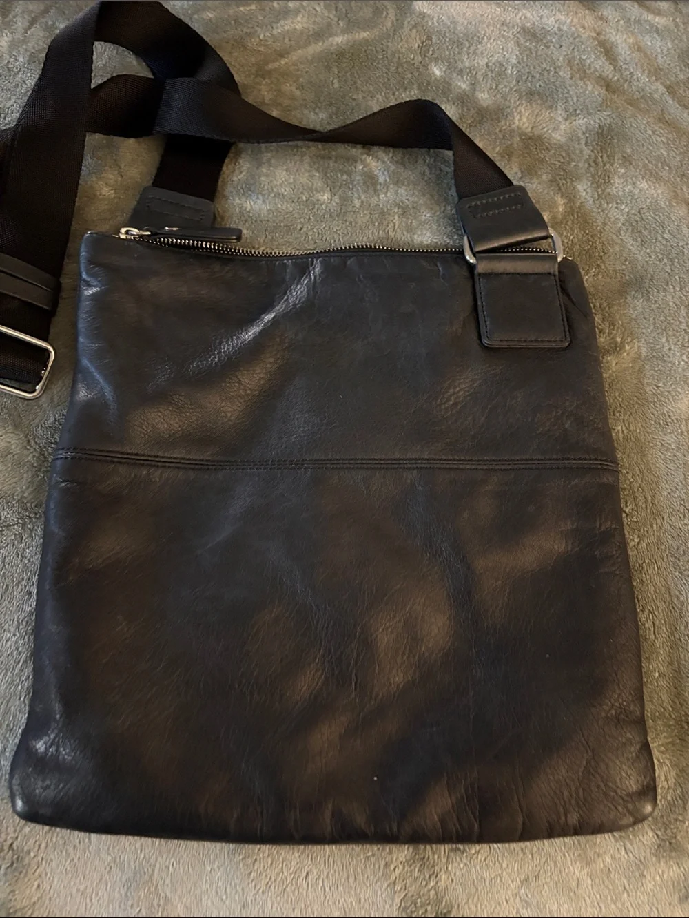 Men's or Womens Black Leather Messenger Bag with Silver Zippers